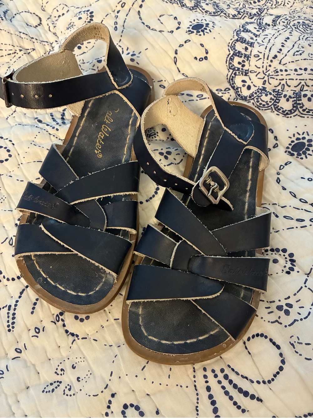 The Salt Water Sandal- Navy Leather Strappy Sandals with Buckle - size 13